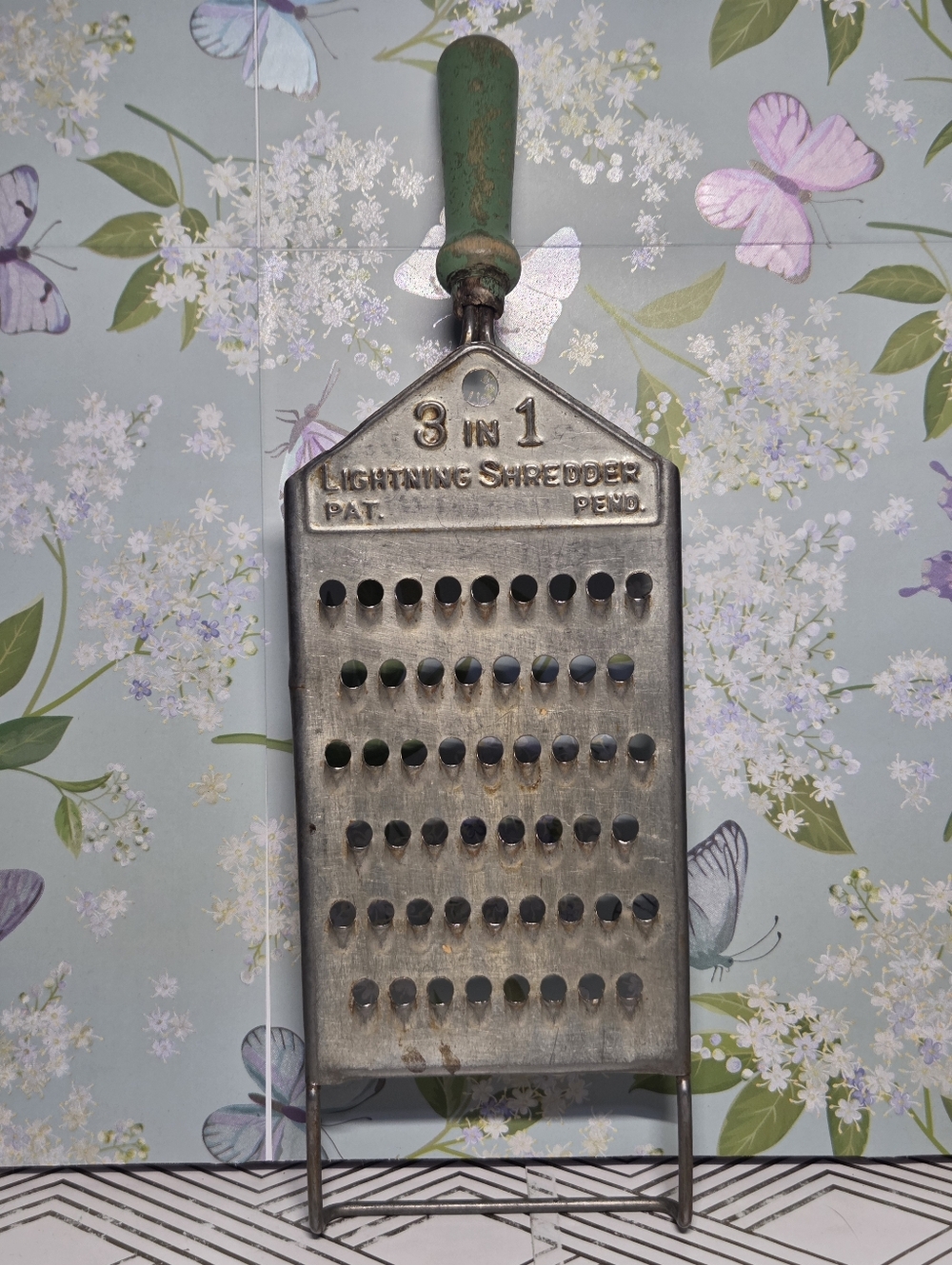 1930s 3 in 1 Lightning Shredder Pat. Pend. Metal, Wood Handle, Kitchen Farmhouse